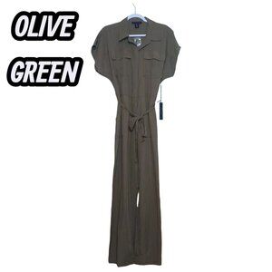 Tahari Jumpsuit Wide Leg Linen Blend Short Sleeve Olive Green Size LARGE New NWT